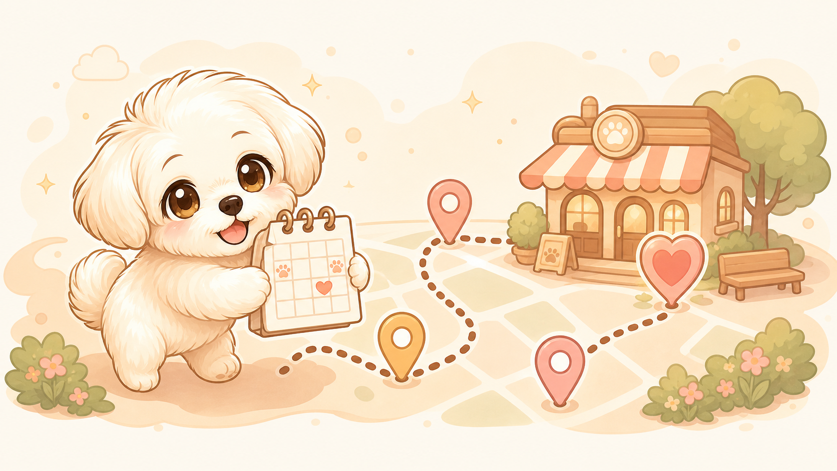 カレンダーと道案内を持つわんこのイラスト
